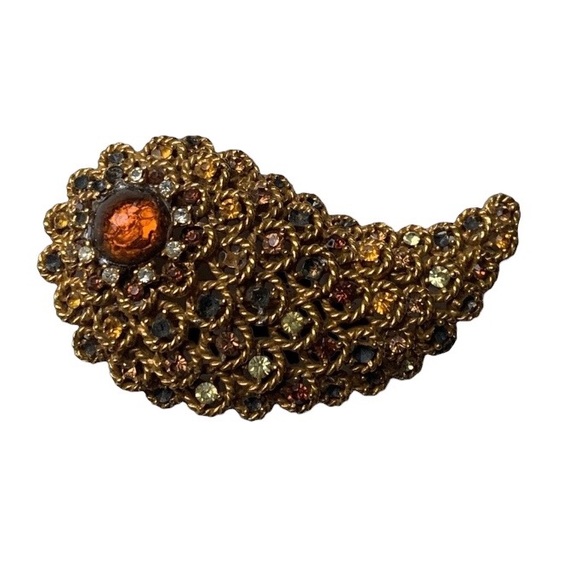 Vintage Signed ART Art Pepper Gold Plated Crystal Fall Cornucopia Brooch Jewelry - Picture 2 of 10